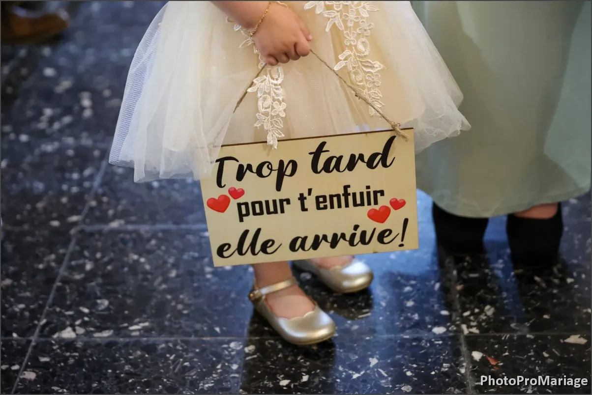 Panneau « Trop tard pour t'enfuir, elle arrive » porté devant la mariée